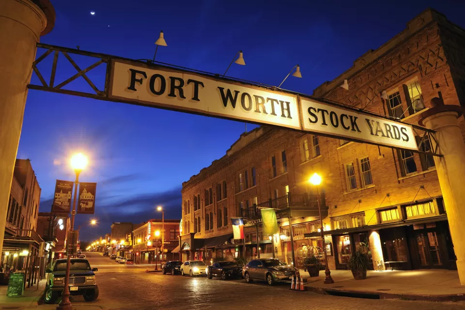 Fort Worth Stockyards sign at night
